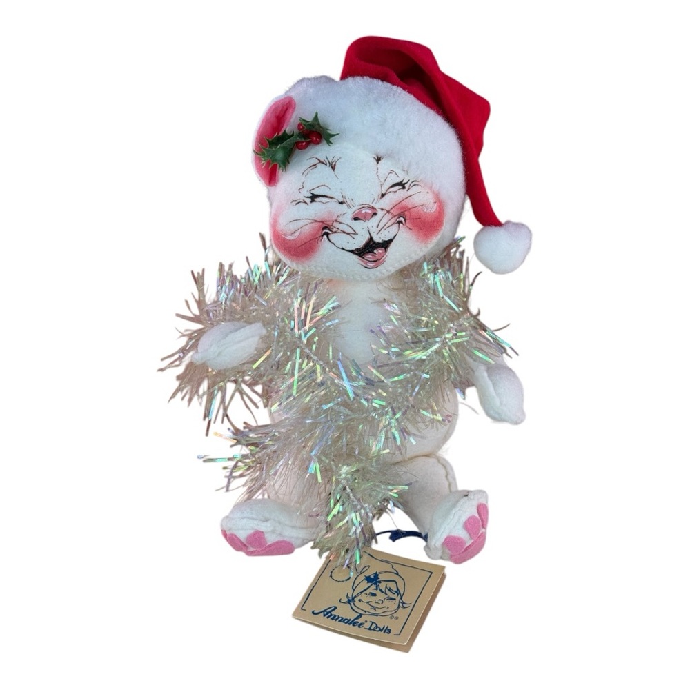 Vintage Annalee Christmas Cat Doll with Santa Hat & Tinsel